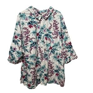 Jessica London Button Front Linen Blend Blouse Floral Size 32